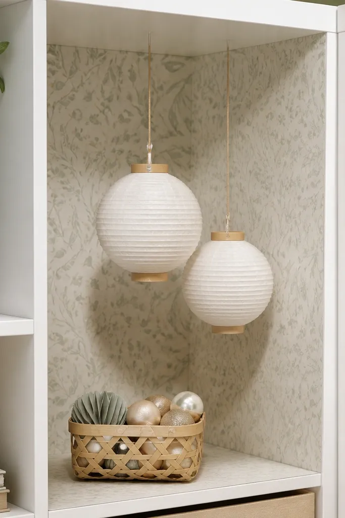 A Kallax corner with a backdrop of patterned paper, two paper lanterns hanging inside, and a small basket of ornaments on the floor cube.