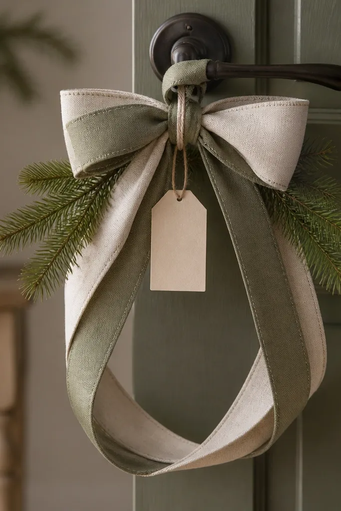 A door handle with a wreath-like bow made from two curtain tie-up ribbons, small pine sprigs tucked around, and a simple tag at the center.