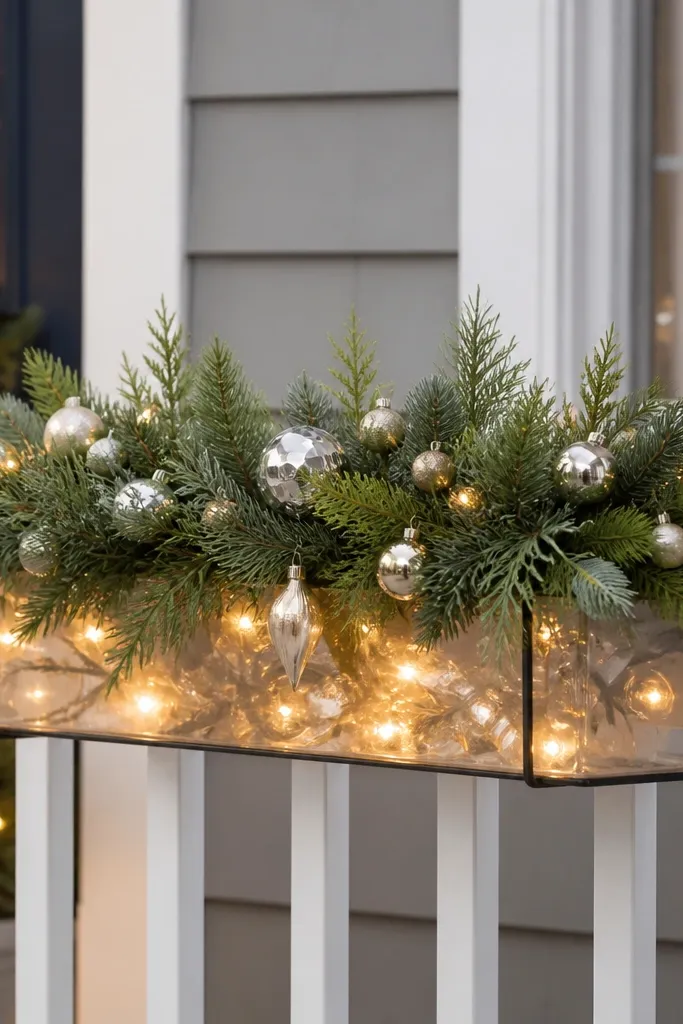 A railing planter filled with faux evergreen and mini ornaments, mounted on a porch railing with a warm light string inside a clear container.