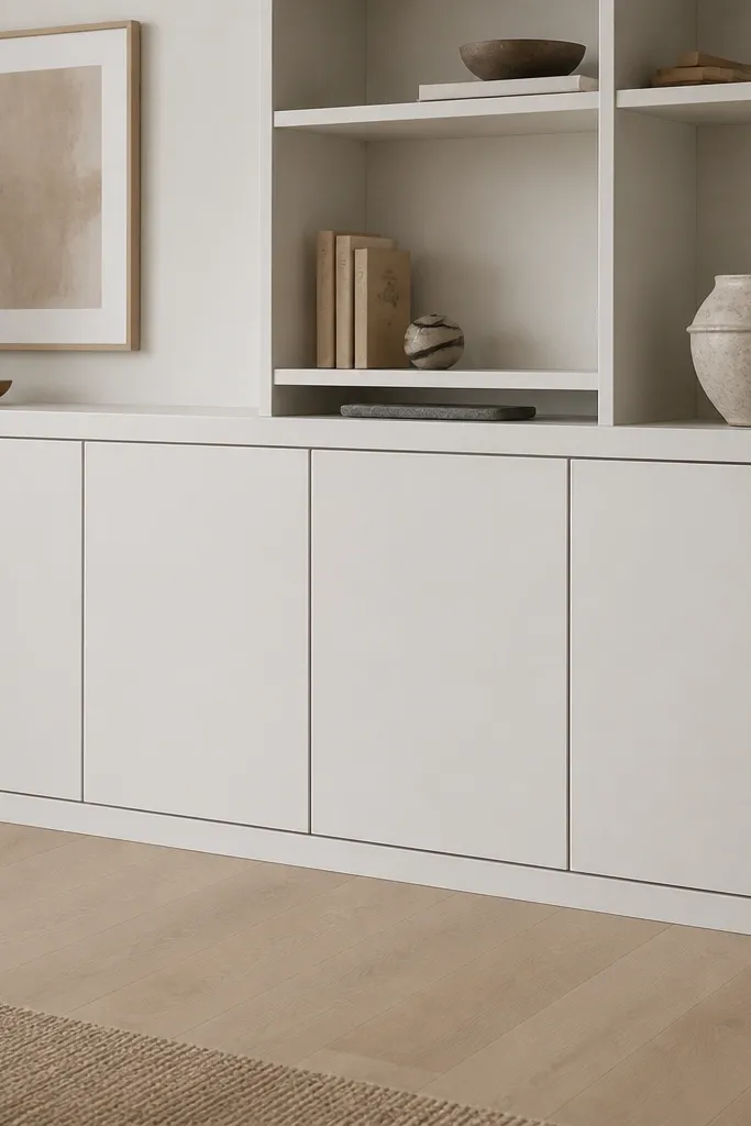 A long Ikea cabinet run painted soft white, with crisp thin trim strips creating uniform 1/8-inch shadow gaps between doors and the surrounding frame. The top has a flat MDF cap and the inside shelves show a clean painted back.
