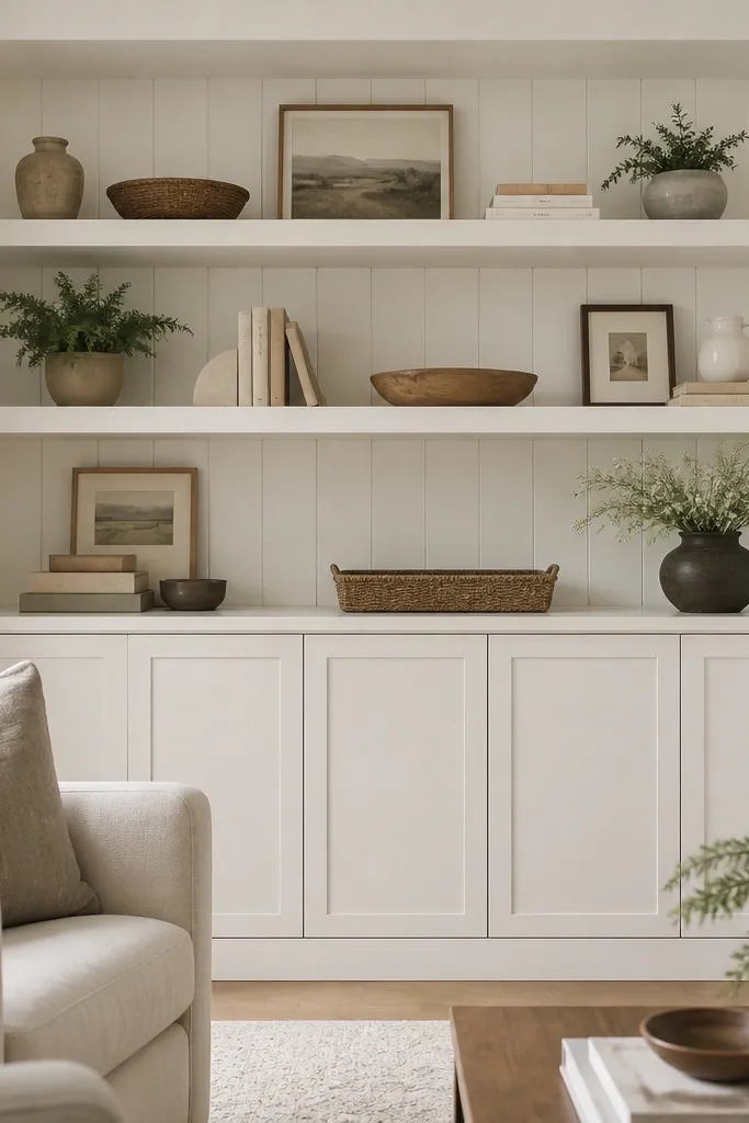 Open shelving on top with small vertical shiplap boards painted warm white, paired with closed Ikea cabinets below in the same color. The shelves have a thick painted ledge lip and a simple toe-kick line.
