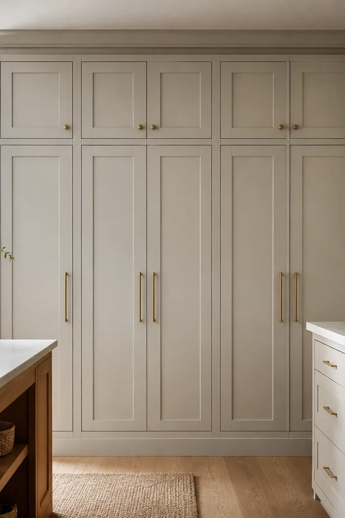 A floor-to-ceiling built-in pantry look: tall Ikea cabinet columns with a wide crown molding on top and a clean toe-kick panel at the bottom. Doors are flush-looking with matching pulls.