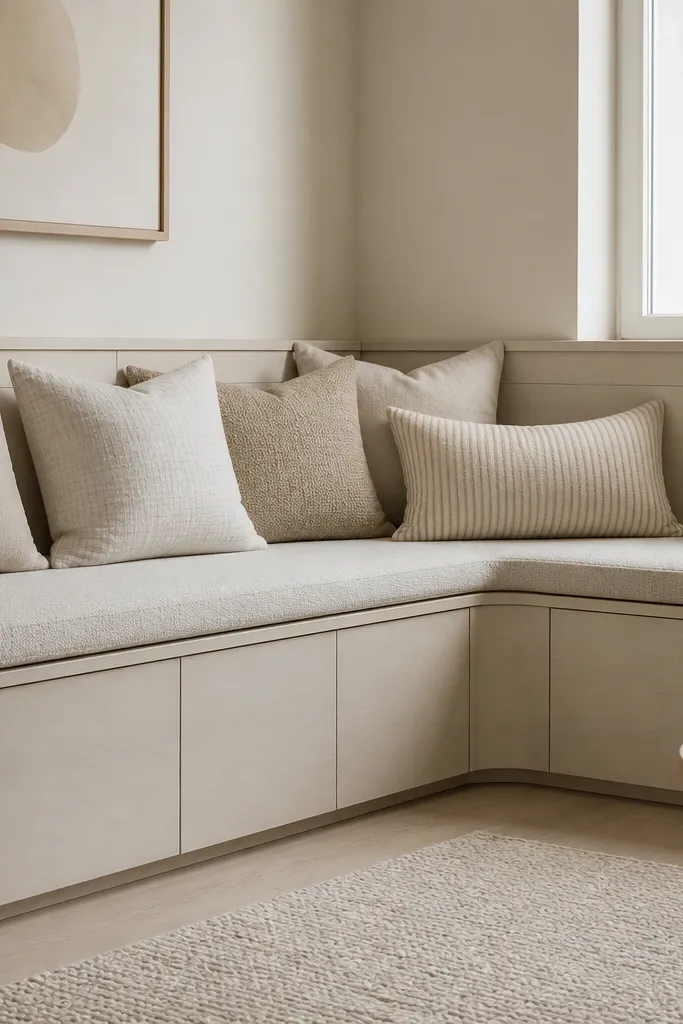 A corner nook with built-in seating look: Ikea storage cabinets with a continuous bench top, and trim that turns into the corner with an angled return. The upholstery is a soft neutral fabric, and the storage doors stay aligned.