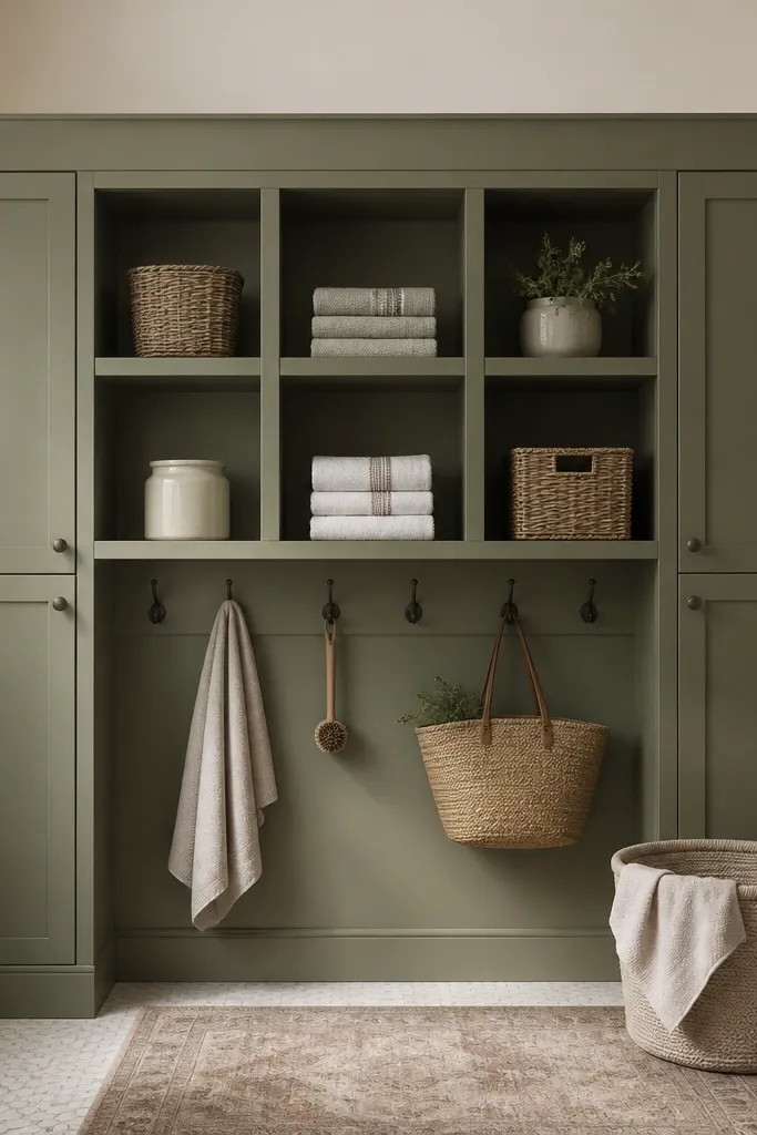 A laundry wall unit: framed cubbies in the center, closed cabinets on the sides, and a thick top rail with hooks mounted underneath. Everything is painted the same color and aligned.