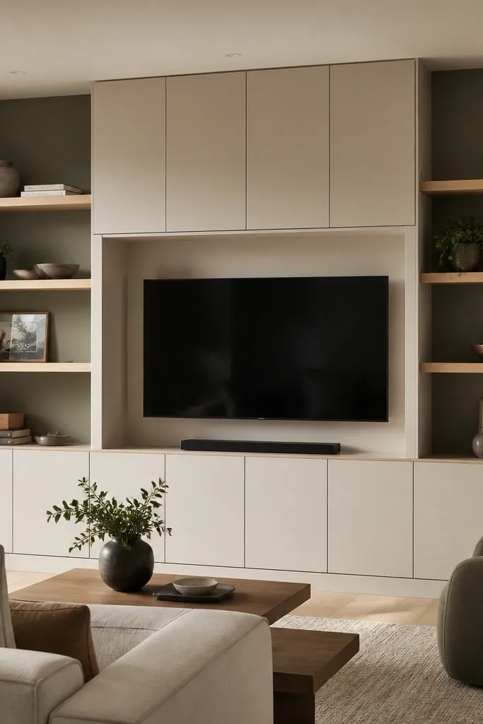 A media wall where Ikea cabinets form a recessed TV niche, with open floating shelves to the sides. The shelves sit on hidden supports and have a painted back panel.