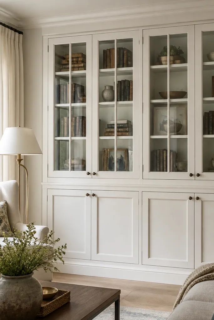 Upper built-in cabinets with glass doors and a muntin grid pattern inside the frame. The muntins are painted to match the trim, and the lower section has solid doors.