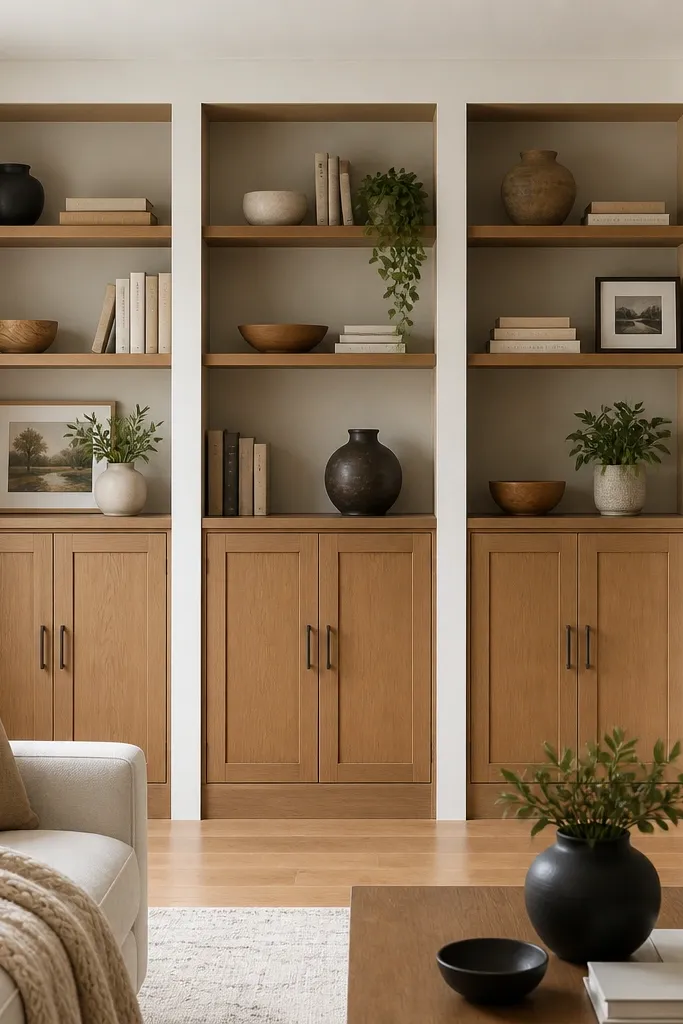 Built-ins in a warm oak-look finish, separated by crisp white trim rails and vertical face boards. Doors have simple bar pulls, and the shelves inside have a light backing.