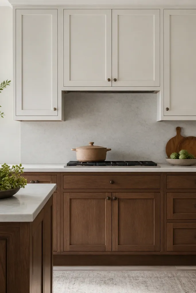 Upper cabinets painted soft white and lower cabinet doors stained a medium walnut tone. A mid-rail trim line separates the finishes, and the toe-kick is stained too.