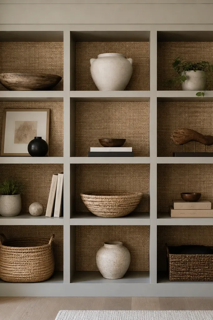 Open cubbies with a rattan-wrapped back panel behind each section. The surrounding trim is painted and the cubby shelves are simple painted boards.