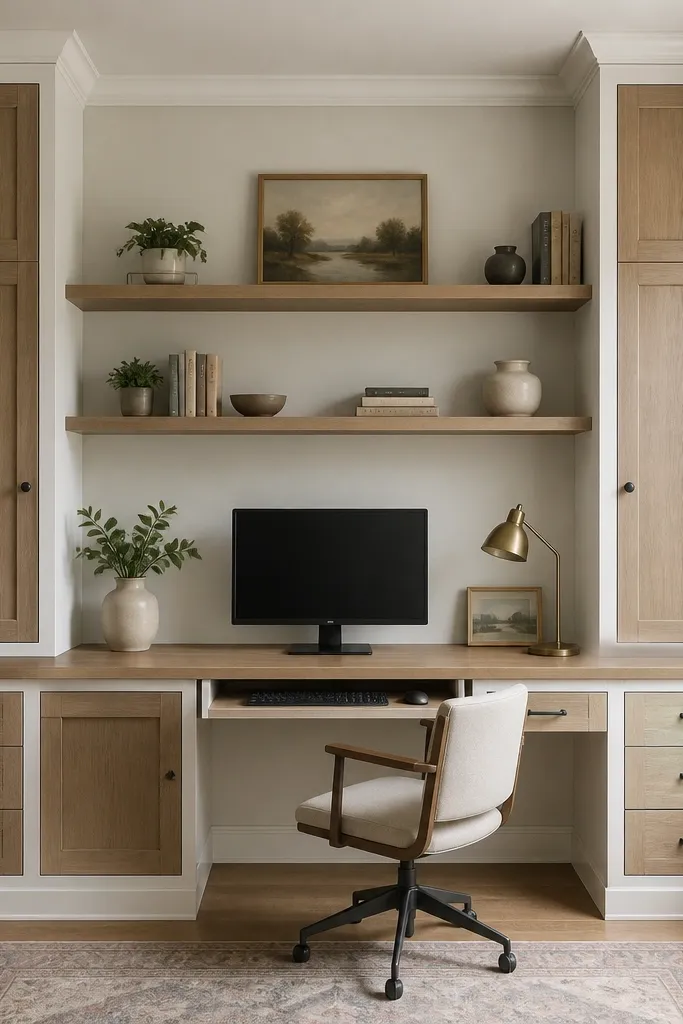 A built-in desk run: a long countertop with drawers below, an integrated keyboard tray, and tall side storage towers with doors. The edges are trimmed with white MDF face frame.