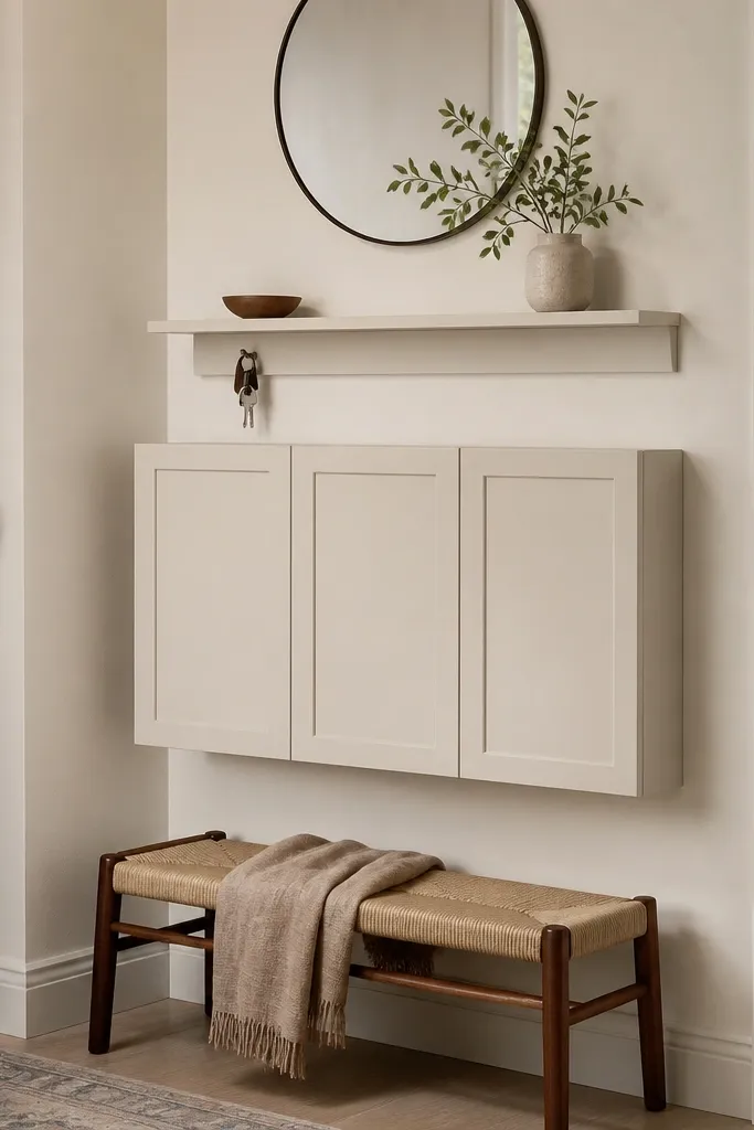A narrow entry wall unit: slim Ikea cabinets with a picture-frame style trim around the doors and a small shelf above for keys. The whole piece sits high enough to clear a small bench.