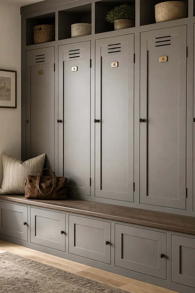 A mudroom wall with multiple locker-style compartments, each with a small numbered plate on the door. Below are bench storage doors with a continuous bench top.