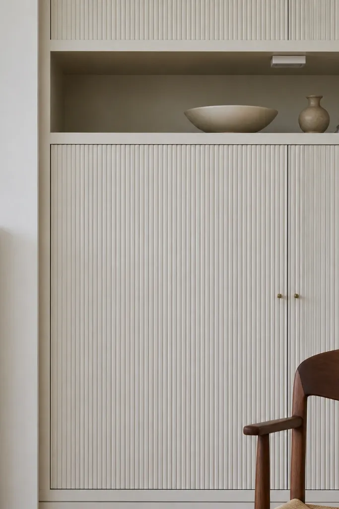 Cabinet doors with vertical fluted panel lines, painted the same color as the built-in frame. The flutes catch light and create a custom texture on a white wall.