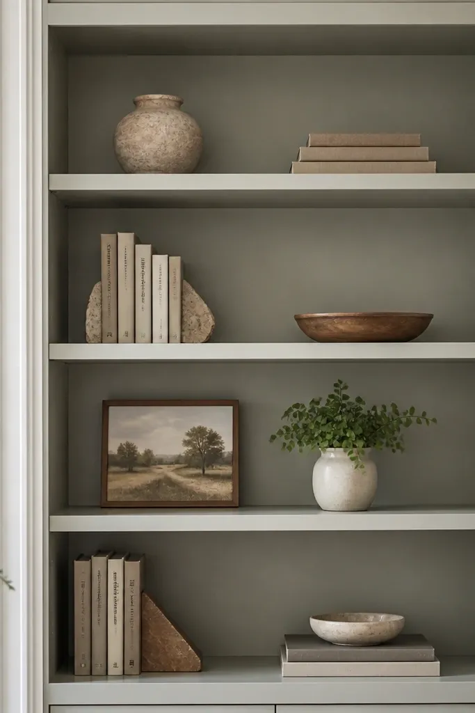 A built-in bookcase section with adjustable shelves, visible shelf pins, and picture-frame trim around the sides. The back is painted and the shelves are evenly spaced.