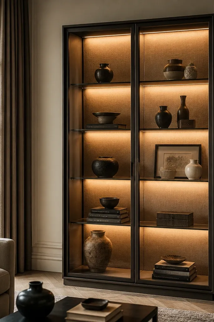 A tall glass-front display cabinet with warm LED strips inside. The back is fabric-wrapped in a muted color, and the shelves show a soft glow on display items.