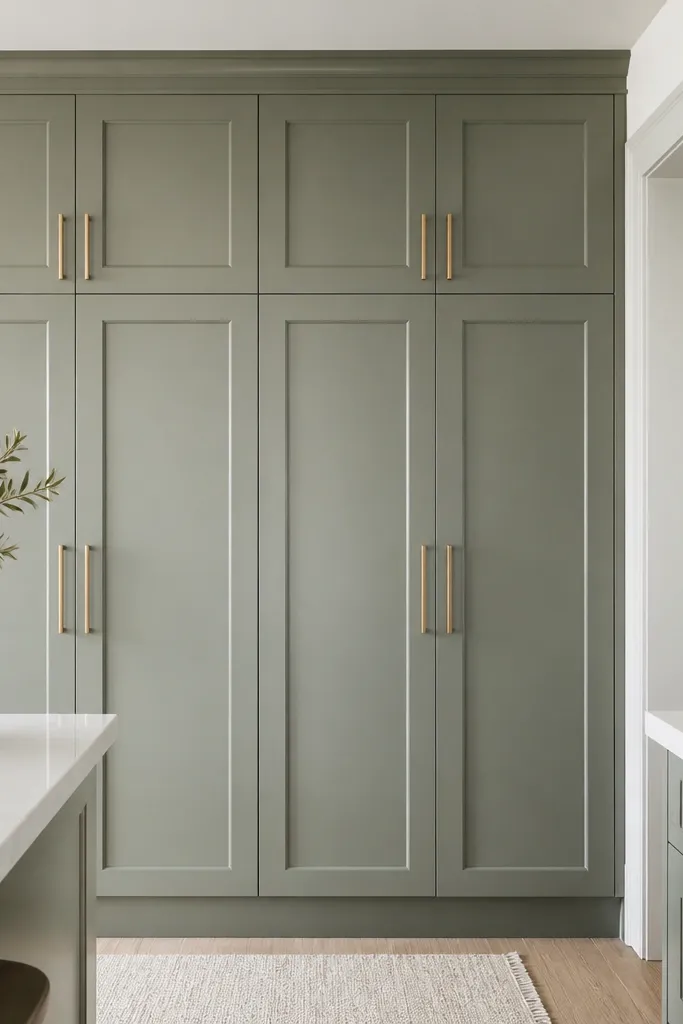 A kitchen pantry wall where Ikea cabinets are wrapped with shaker-style face panels. The doors have a raised center panel look and a consistent handle line.