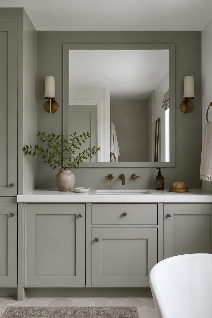 A bathroom built-in vanity wall: Ikea base cabinets with shaker doors, a thick countertop, and a framed mirror area above or beside. Everything is painted and sealed for humidity.