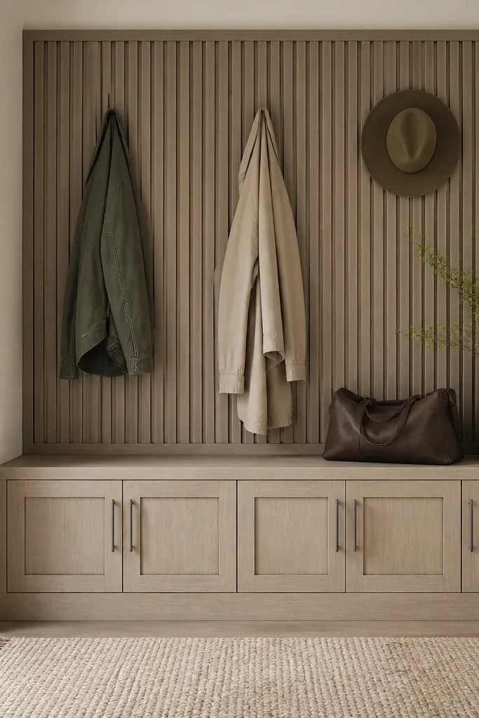 A coat wall with a slat panel backing behind open coat hooks. The hooks are hidden behind the slats, and cabinets below have a matching face frame and clean pulls.