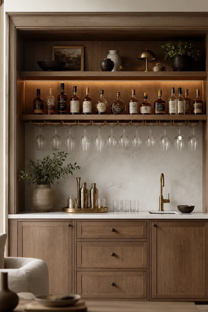 A bar wall with open shelves and a glass rack under the top section. There's warm lighting under the upper shelf and a cabinet face frame wrapping everything.