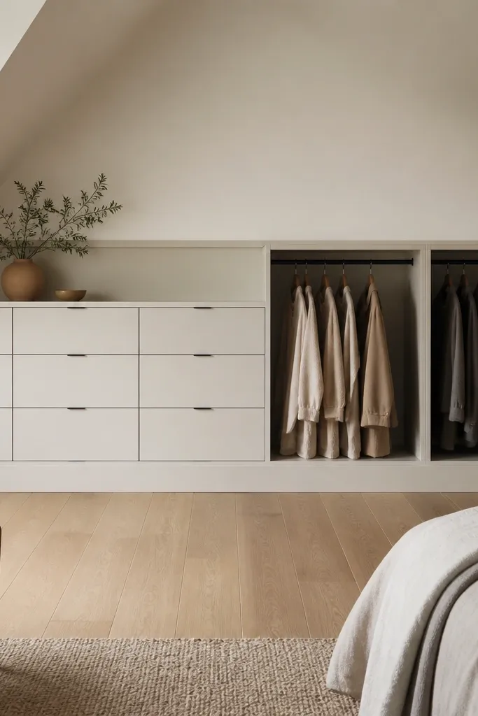 A low closet built-in with slim drawers and hanging compartments. The baseboard trim runs continuously along the bottom edge, and a matching toe-kick keeps the line straight.