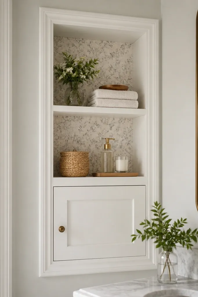A small wall cabinet built into the bathroom wall area with open shelf niches. Inside backs have a subtle wallpaper pattern, while the exterior is painted crisp white with simple pulls.