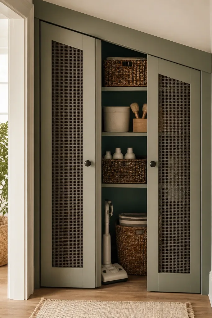 A utility closet with a slanted top cap trim and doors that have a screen or mesh panel look. The interior is organized with bins and a painted back.