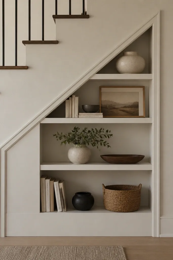 A built-in under a stair landing with angled shelves following the staircase slope. The trim returns match the shelf angles and the whole piece is painted the same color as the wall.