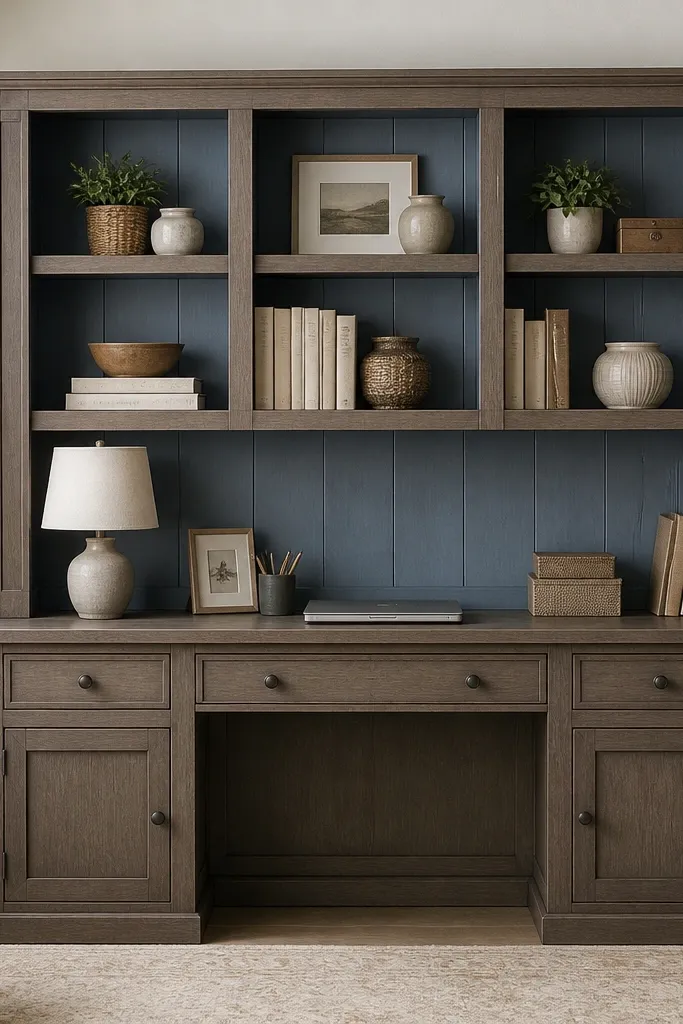 A desk hutch: closed drawers and cabinets below, open cubbies on top, and a framed face around the whole unit. The open cubbies have a painted back and a thick shelf ledge.