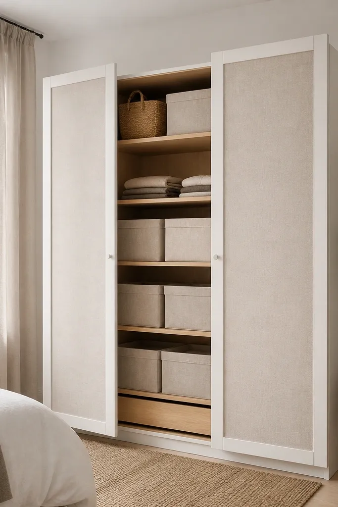 A white PAX wardrobe frame with two wide doors made from off-white linen panels, each panel bordered by the same white trim; inside, the shelves are light wood-toned with neatly aligned bins.