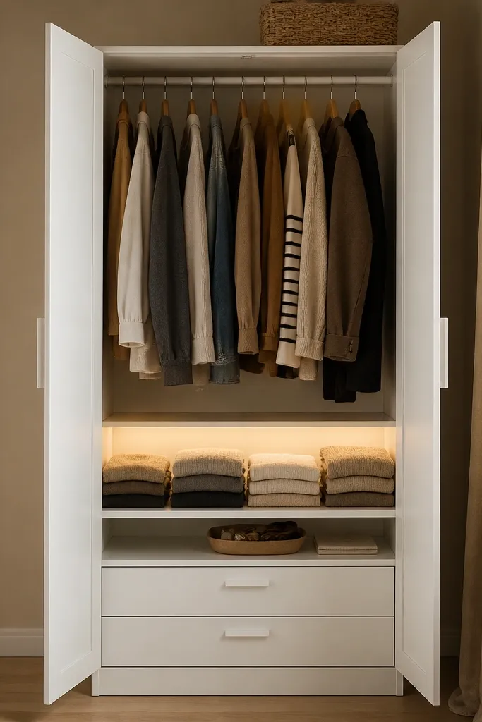A BRIMNES wardrobe with its doors open; a warm LED strip glows under the top shelf, lighting a row of folded sweaters in neutral tones and a small tray on the bottom shelf.