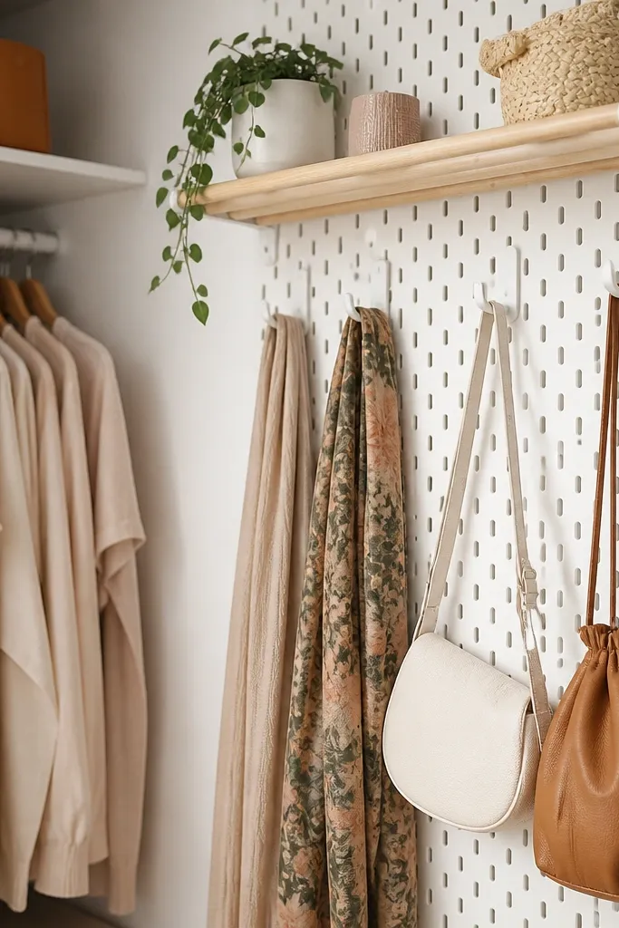 Inside a closet, a white pegboard panel spans one side; IKEA hooks hold scarves and small bags, and a light wood dowel shelf sits above the hooks.