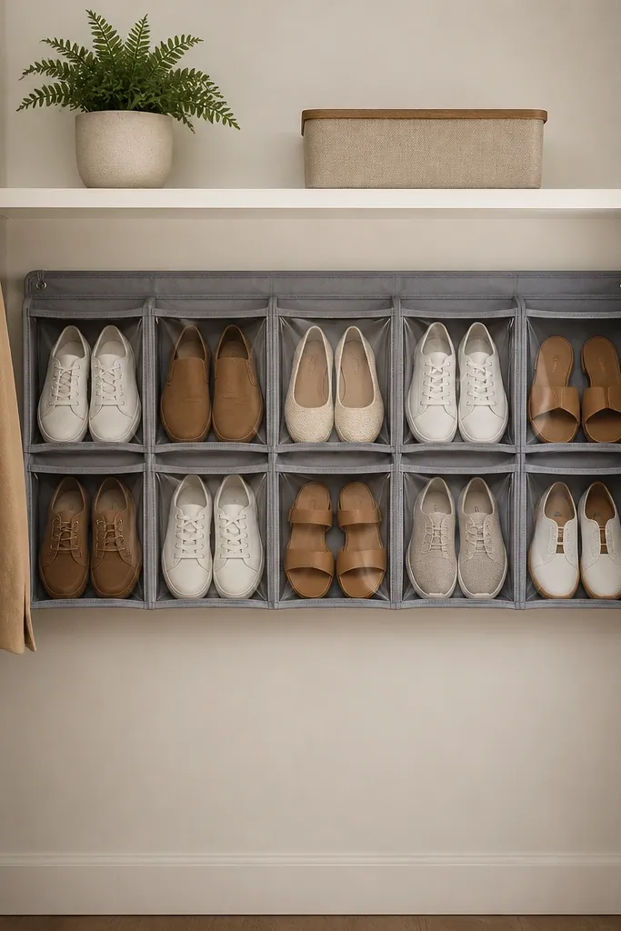 A hanging shoe organizer is mounted horizontally inside a closet, with clear-front pockets holding shoes; above it, a narrow shelf holds a small plant and a slim bin.