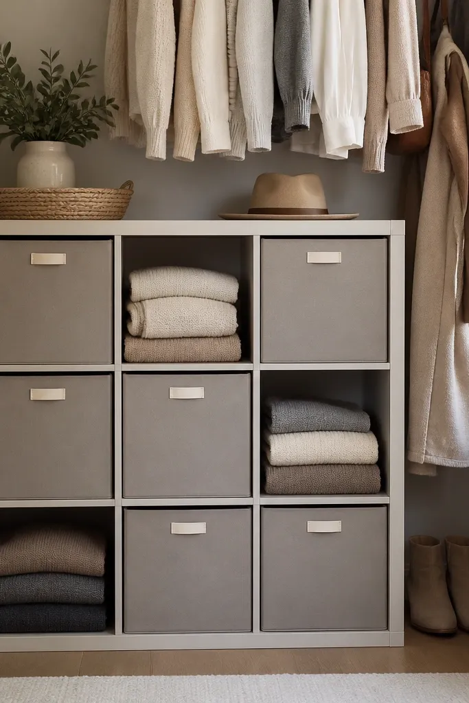 A KALLAX unit used inside a closet space; each cube has a fabric bin in warm gray with a small label strip, and some cubes are left open for folded sweaters.