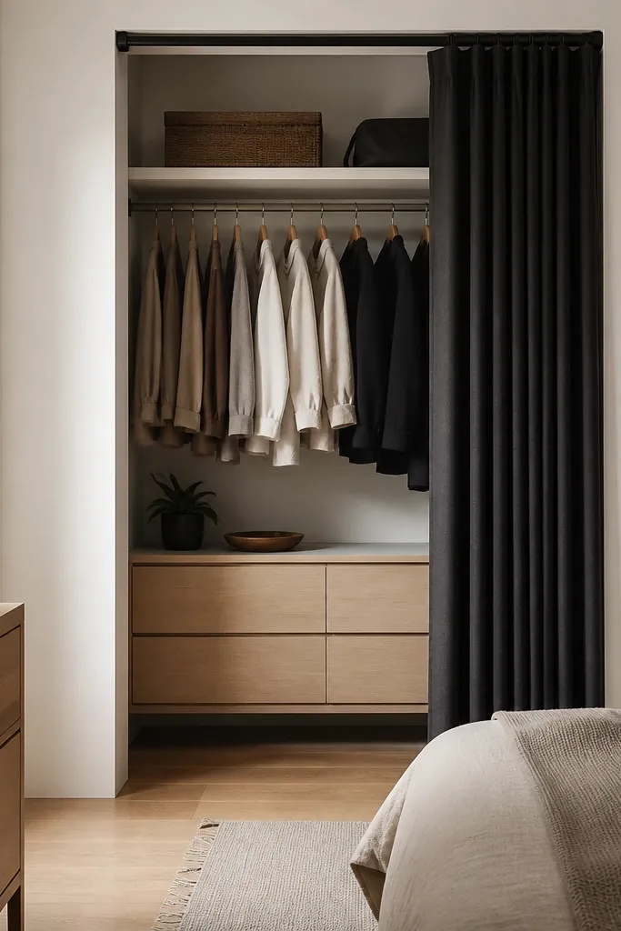A closet with no traditional doors; a sliding curtain made from thick black-out fabric hangs from an IKEA track, and the curtain folds neatly when opened.
