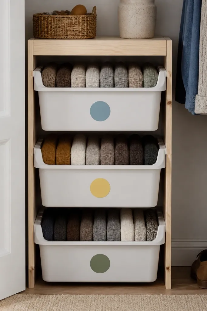 A TROFAST drawer unit inside a closet with three stack levels; each drawer has a different label color and sweaters are folded upright in tight rows.