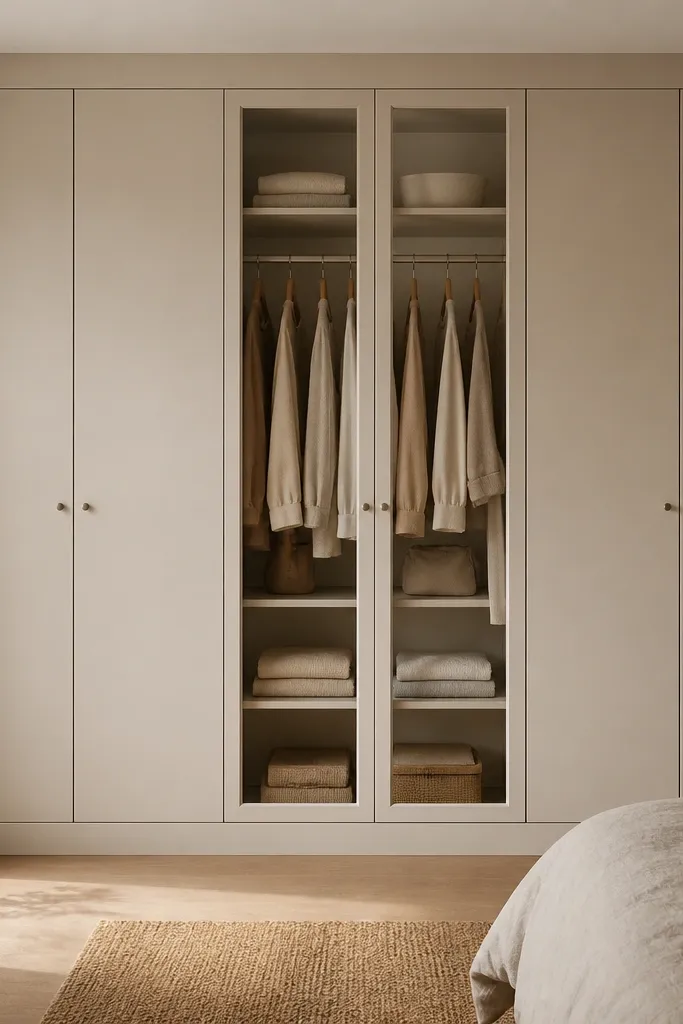 A SEKTION closet wall with two glass-front cabinets in the middle; inside are uniform hangers and neatly folded items, while the rest of the wall is closed with solid doors.