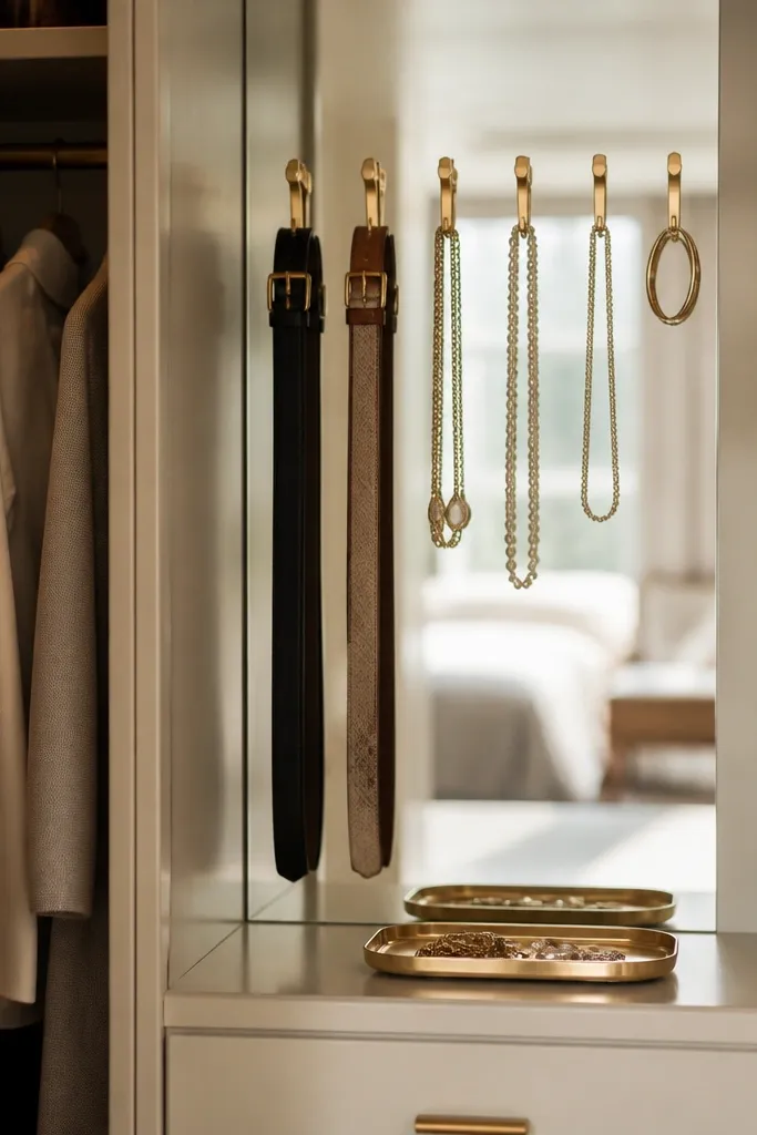 Inside a closet, a mirrored panel lines the back wall; gold hooks hold belts and jewelry, and a small gold tray sits on a shelf.
