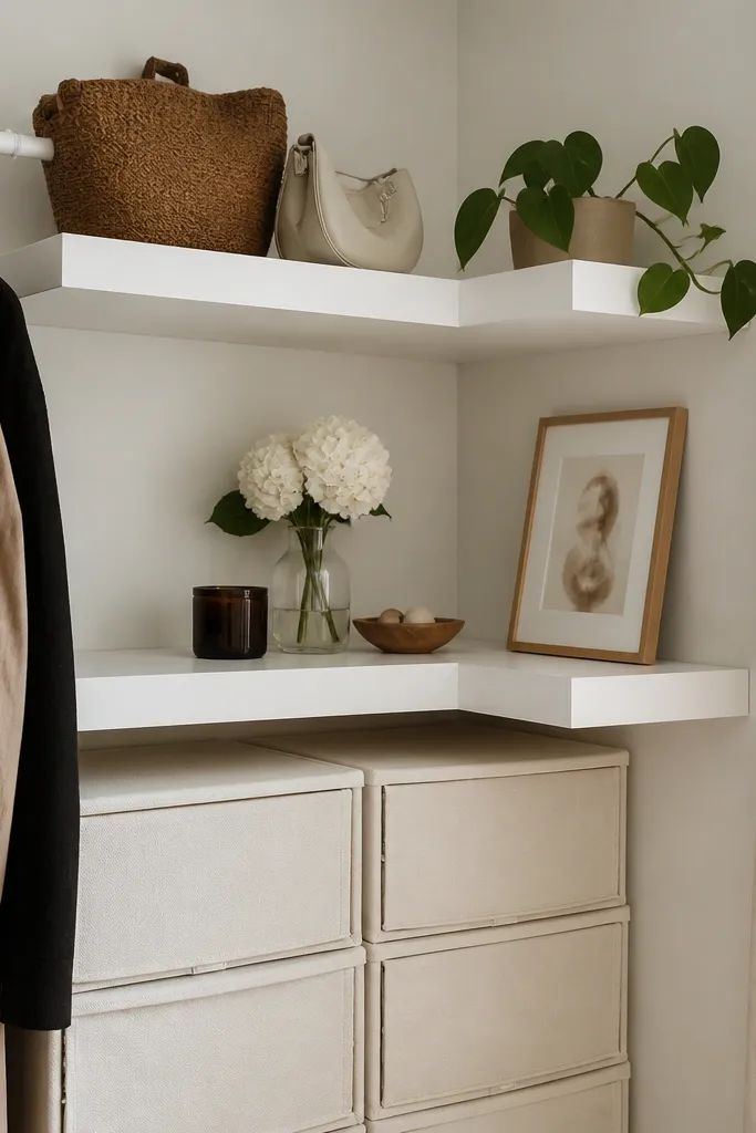 A closet corner with two floating LACK shelves in white; beneath them are stacked fabric drawers in cream, and a small framed print leans on the shelf edge.