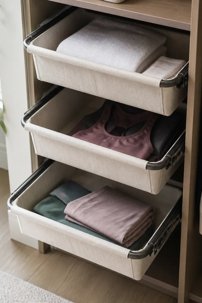 A pull-out basket system inside a closet, with baskets lined in light linen fabric; inside are folded towels and workout clothes.