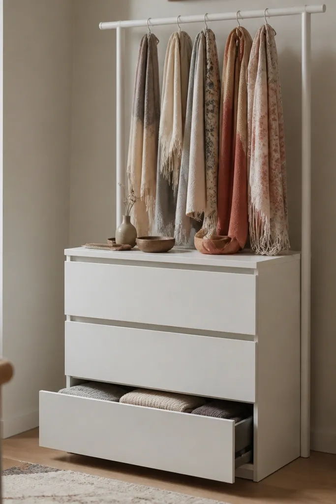 A small RAST dresser painted warm white, with a mounted closet bar on top; scarves hang from the bar, and the drawers store folded items.