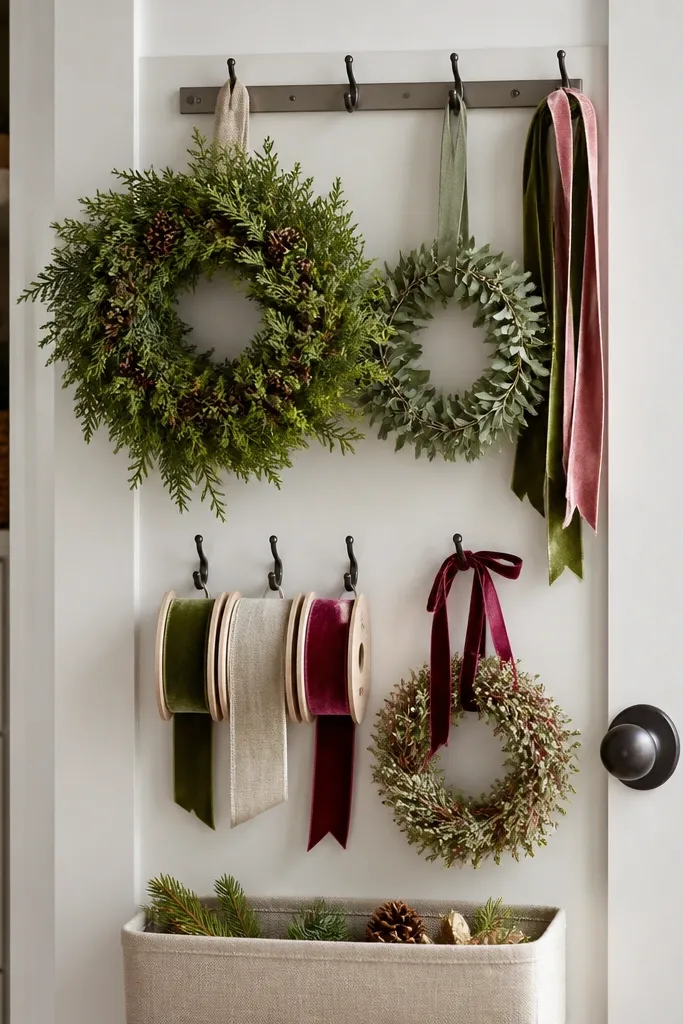 The inside of a closet door shows a small wreath hook rail; several hooks hold holiday wreaths and ribbon spools, and a small labeled bin sits at the bottom.