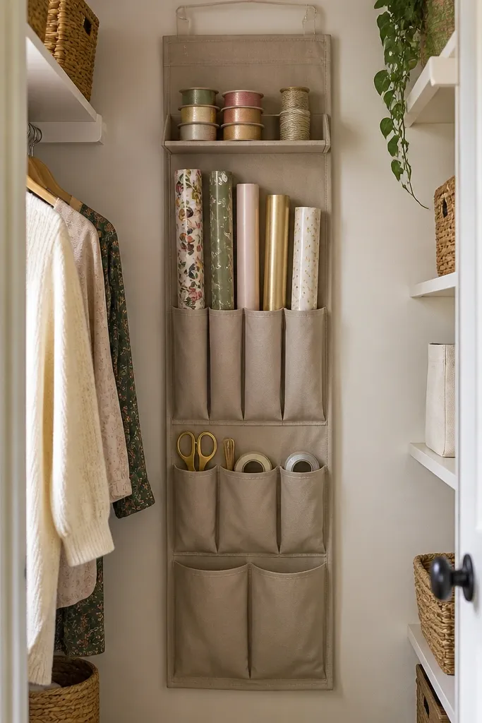 A closet with a hanging organizer at the back wall; pockets hold wrapping paper rolls, tape, and scissors, and a small top shelf holds a ribbon stack.