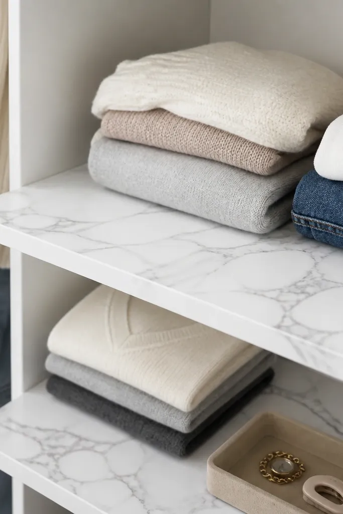 Closet shelves lined with white peel-and-stick marble pattern; folded clothes sit on top of the liner with a small tray near the front.