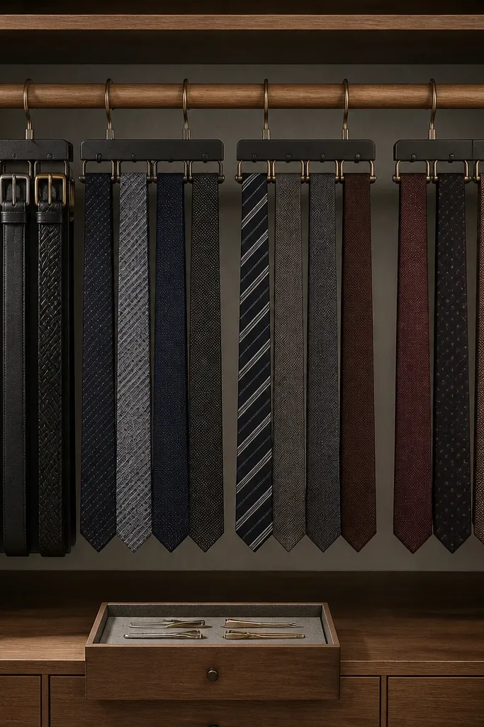 A closet rod setup with multiple belt and tie holders spaced evenly; the holders hang neatly and don't droop, with a small drawer below for tie clips.