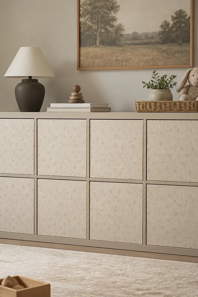 A KALLAX unit covered with fabric door panels on the front; inside are labeled bins, and the fabric panels hang straight with a subtle pattern.