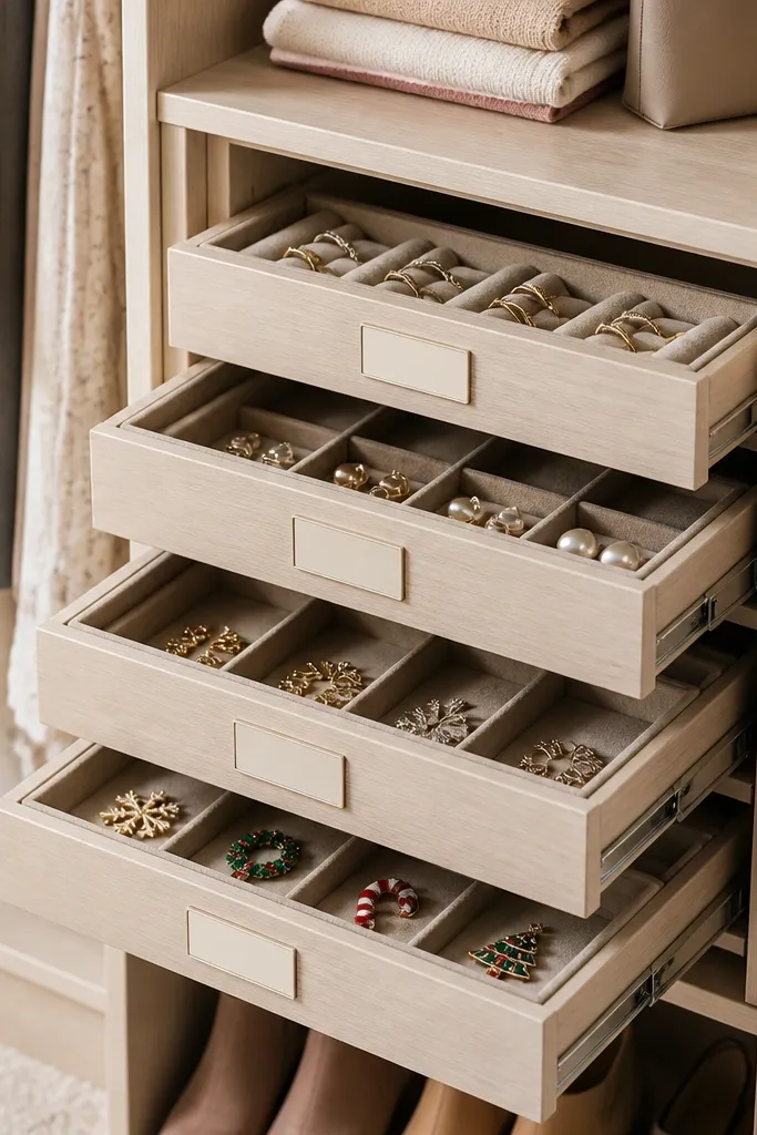 A small set of sliding drawers inside a closet; each drawer has compartments for rings, earrings, and holiday pins, with a label strip on every drawer front.