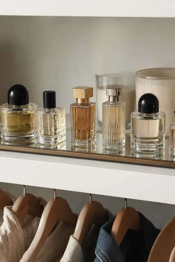 A small shelf near the top of a closet with a mirrored tray; perfume bottles are arranged in a line and a couple of candle jars sit behind them.