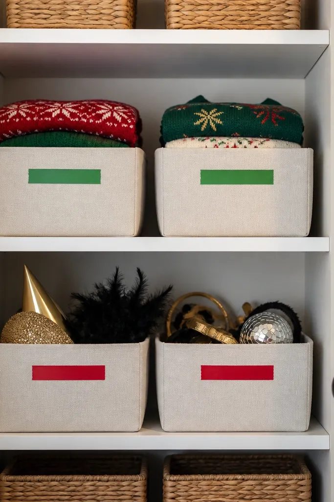 Closet shelves lined with bins labeled using colored tape; two bins labeled for holiday sweaters and two for party accessories sit in the same positions.