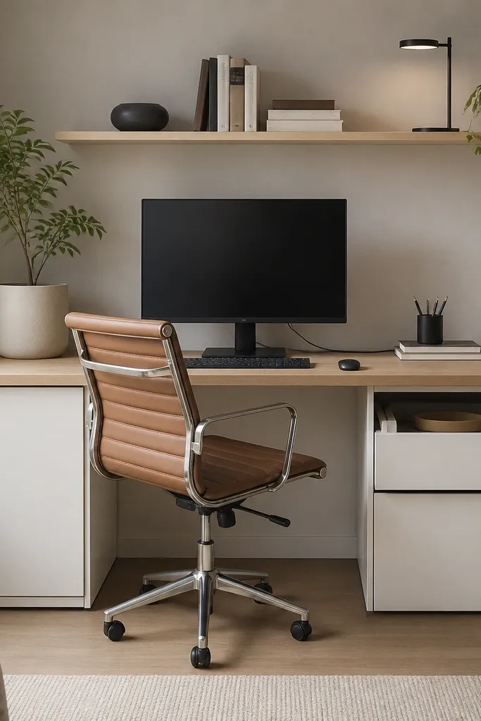 A white BESTÅ cabinet converted into a desk. The top is a light wood IKEA countertop. Cables disappear through a neat black grommet strip at the back edge, and a small power strip sits inside a drawer compartment. A slim wall shelf above holds books and a desk lamp.