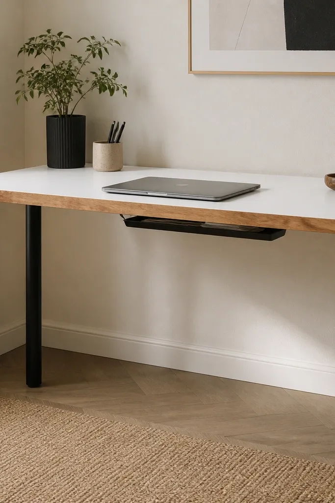 A matte white LINNMON-style tabletop with a warm butcher-block strip running only along the front edge. Two slim black metal legs support the top. The front edge catches light differently than the white top, and a small cable tray sits under the tabletop.